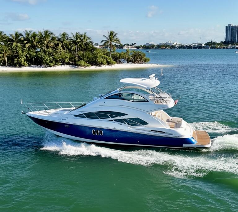 Cruiser yacht running past a palm-lined island in Biscayne Bay